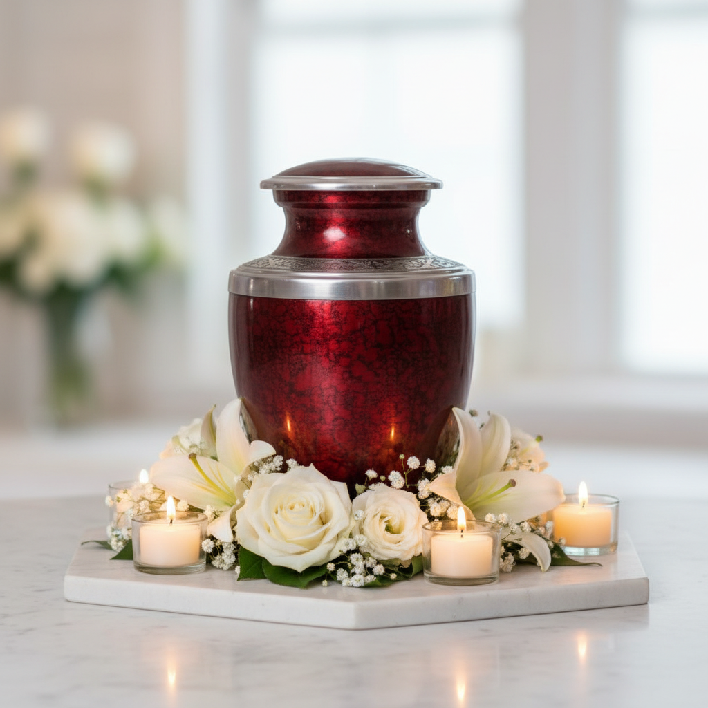 Red urn with white flowers and candles on a marble surface