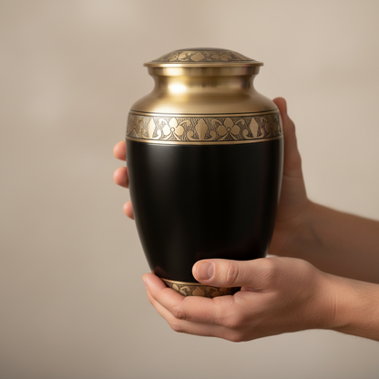 Black urn with gold decorative elements held by a hand against a neutral background