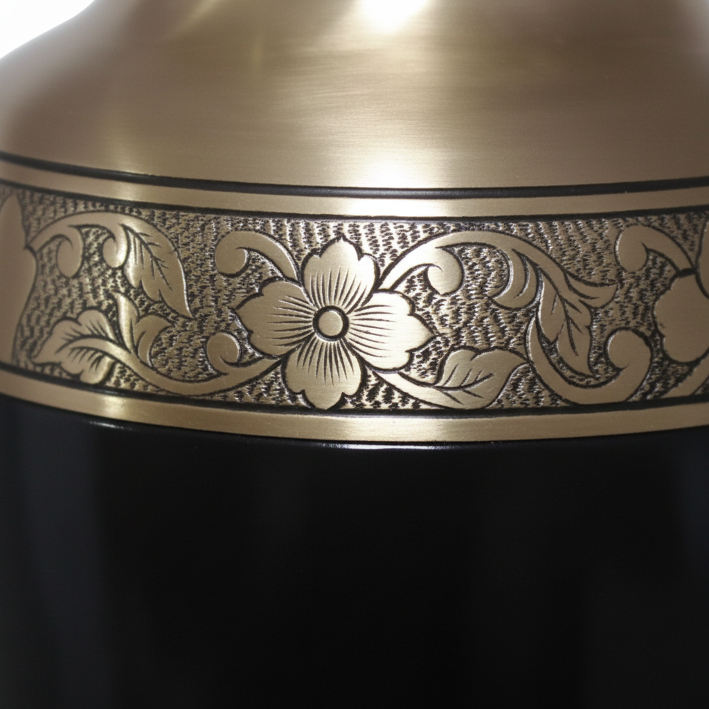 Decorative metal lid with floral patterns on a black background