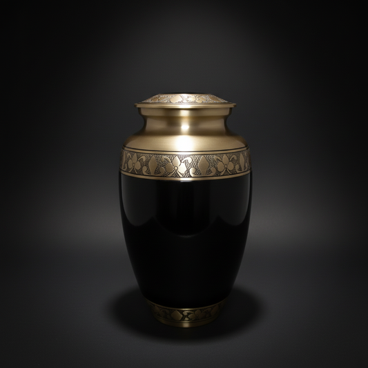 Black urn with gold decorative band on a dark background