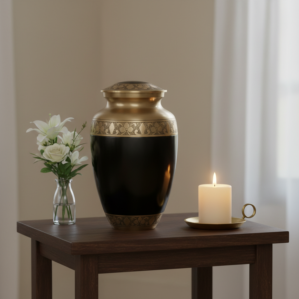 Black and gold urn on a wooden table with a candle and flowers.