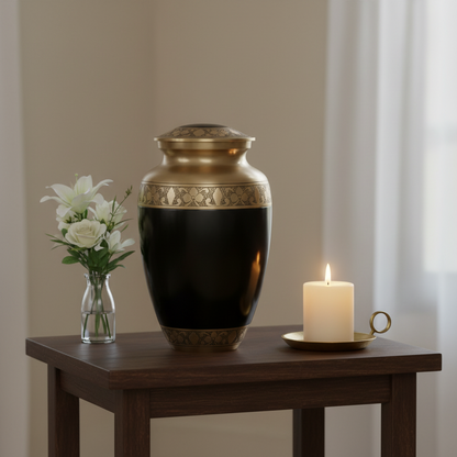 Black and gold urn on a wooden table with a candle and flowers.
