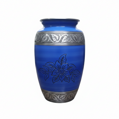 Blue urn with silver decorative elements on a white background