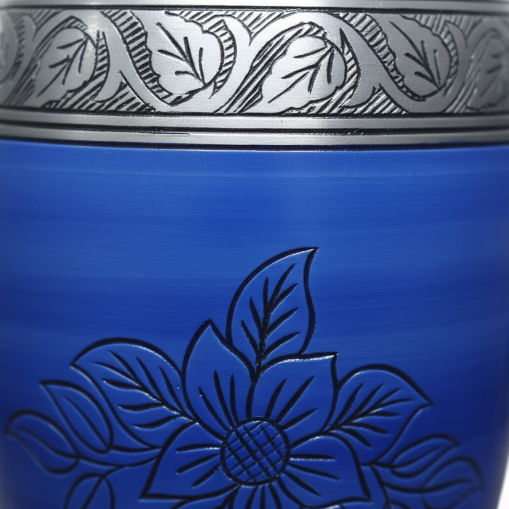 Blue ceramic vase with floral patterns and a silver band at the top