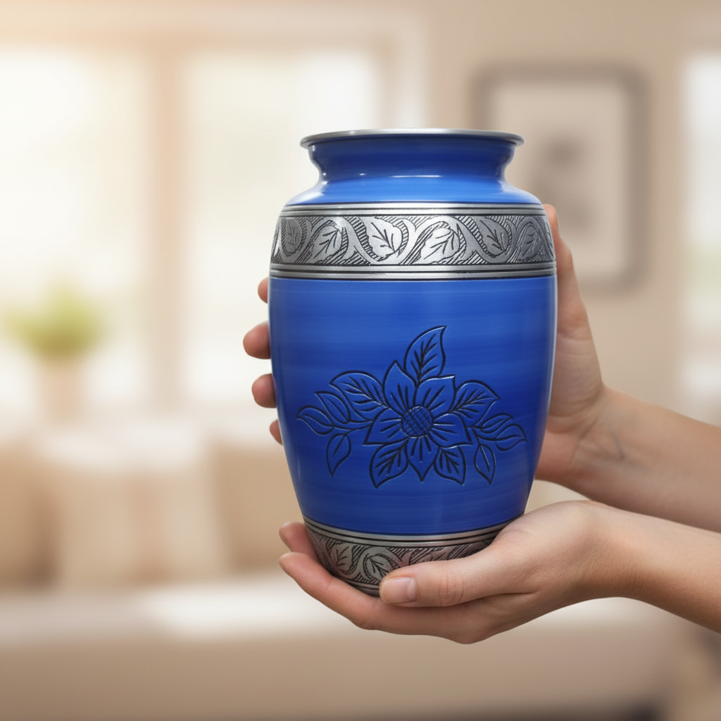 Blue urn with silver floral design held by a person against a blurred indoor background
