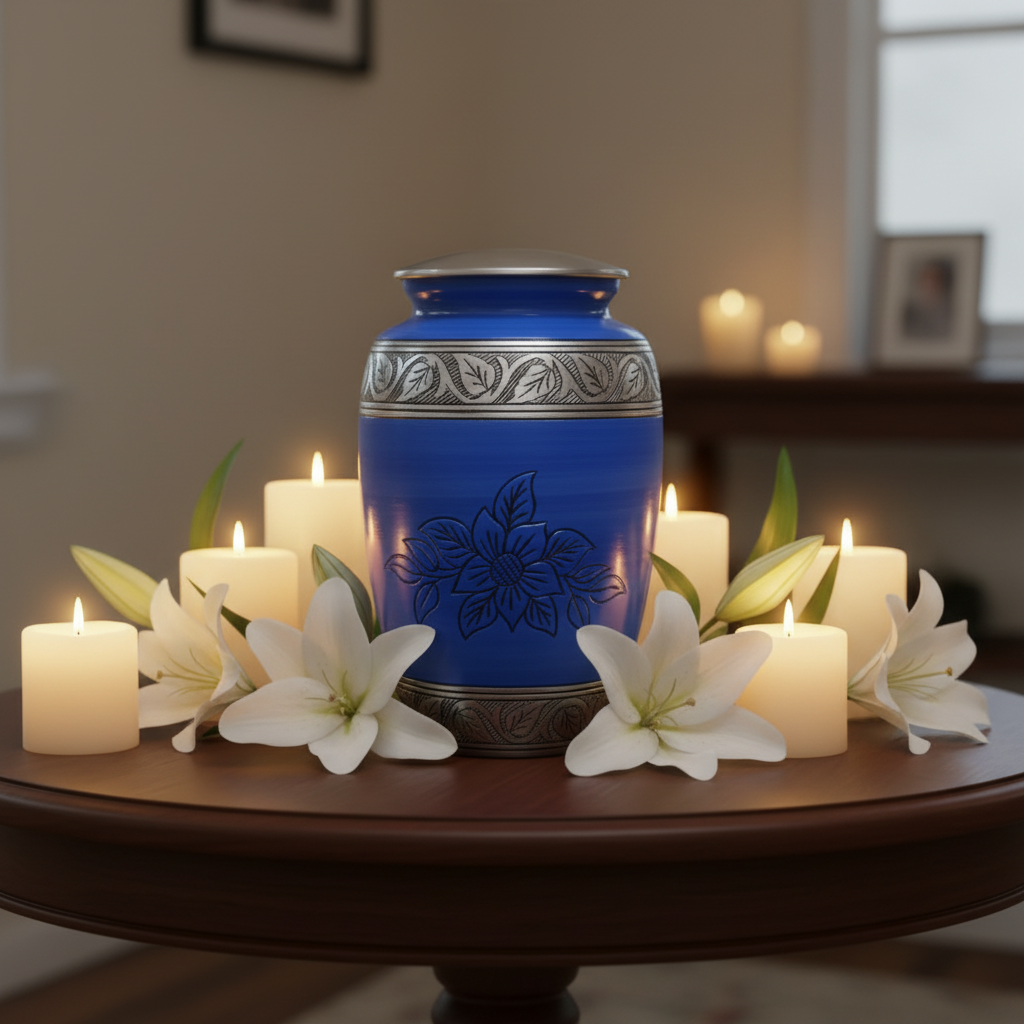Blue urn with silver detailing on a table surrounded by white flowers and candles.
