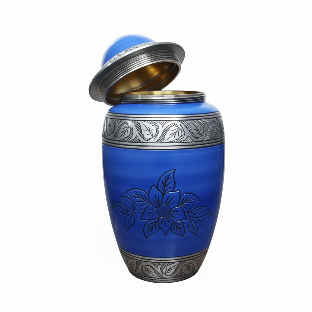 Blue urn with silver floral design on a white background