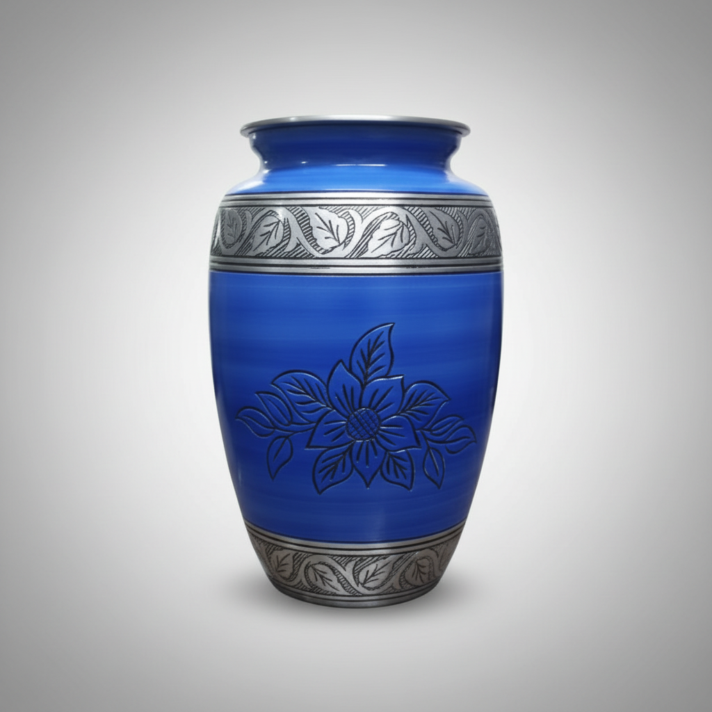Blue urn with silver floral designs on a gray background