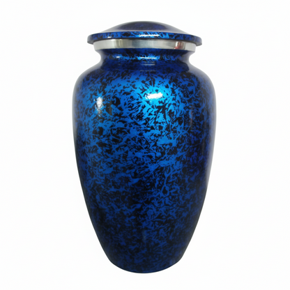 Blue speckled urn with a silver lid on a white background