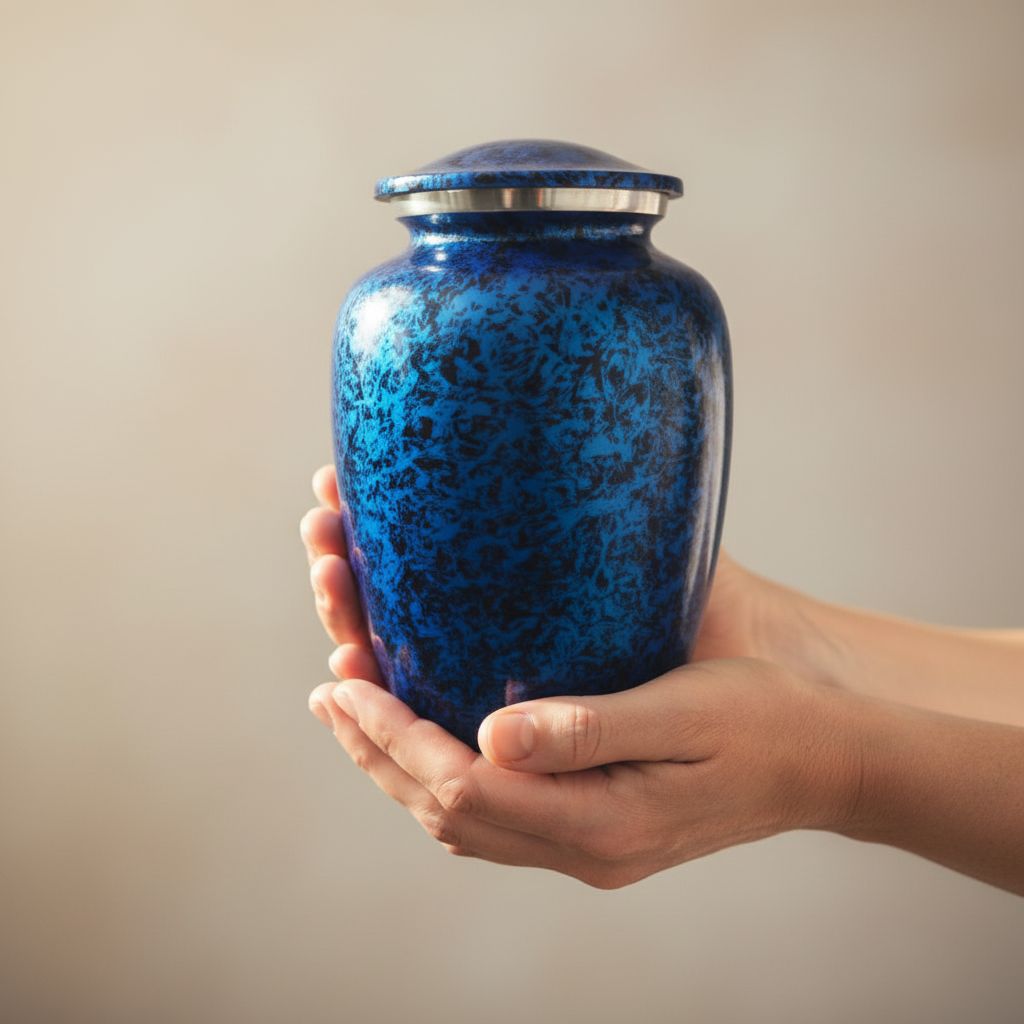 Blue urn held in a hand against a neutral background