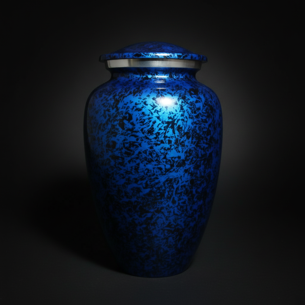 Blue ceramic urn with a dark background