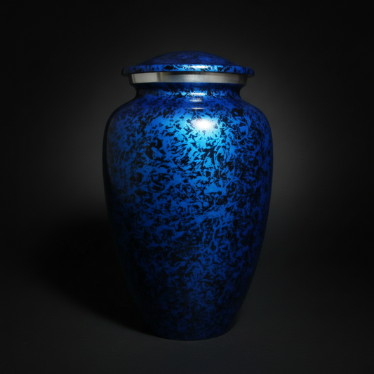 Blue ceramic urn with a dark background