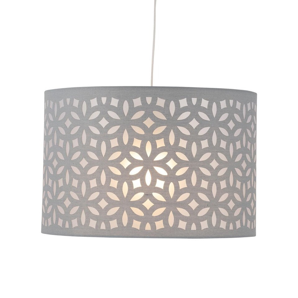 Gray lampshade with a geometric pattern on a white background