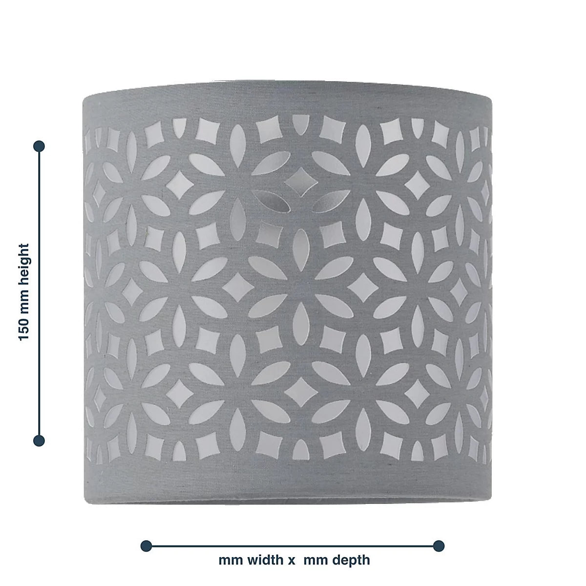 Gray wall sconce with geometric pattern and measurements on a white background