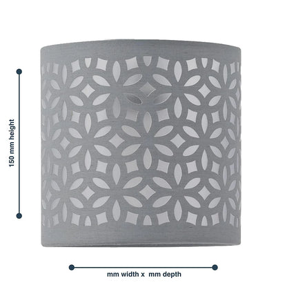 Gray wall sconce with geometric pattern and measurements on a white background