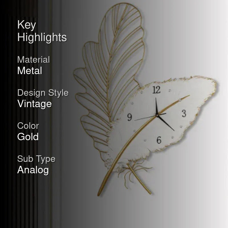Gold leaf-shaped wall clock on a white background with key highlights text.