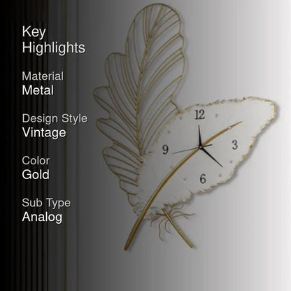 Gold leaf-shaped wall clock on a white background with key highlights text.