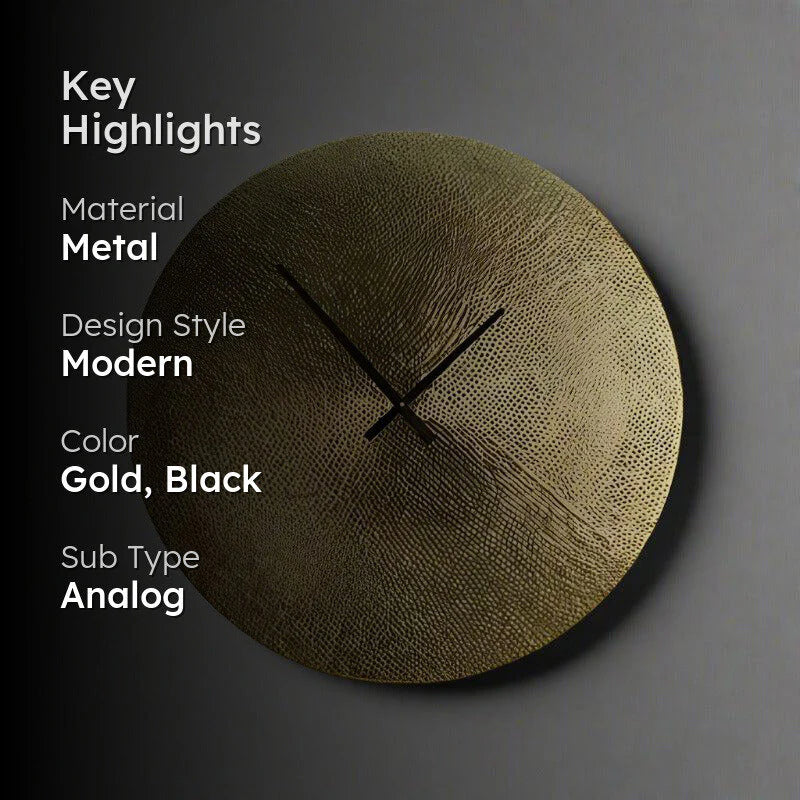 Gold and black wall clock on a gray background with key highlights text.