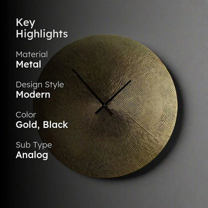 Gold and black wall clock on a gray background with key highlights text.