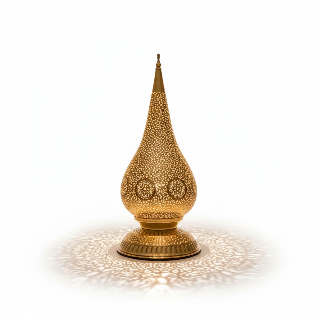 Decorative gold lamp casting a pattern on a white background