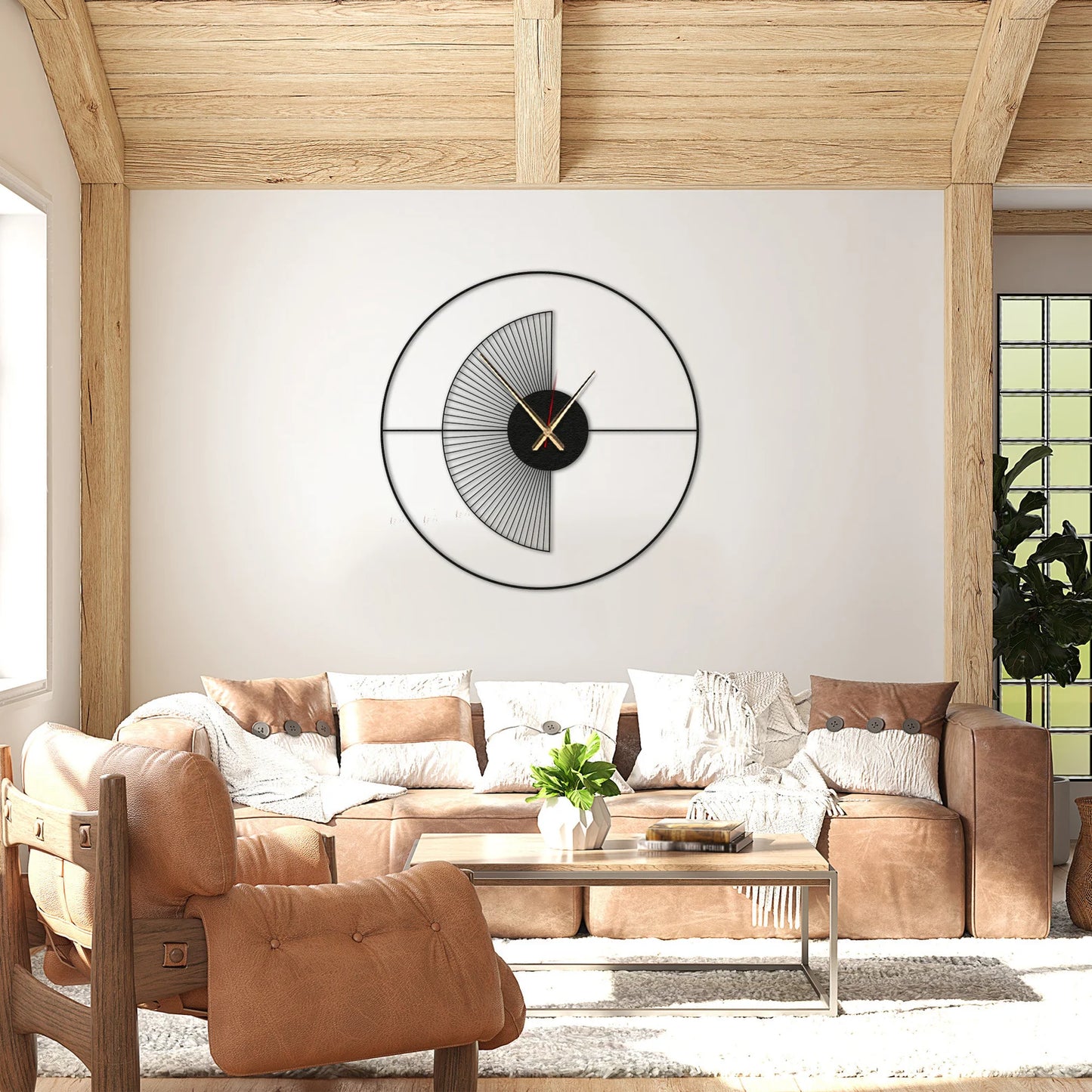 Living room with brown sofa, armchair, and decorative wall clock.