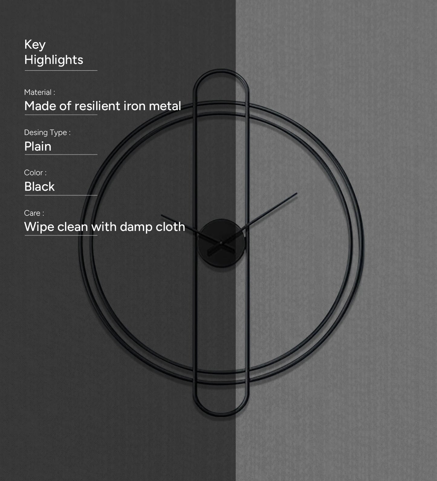 Black wall clock on a gray background with product details.