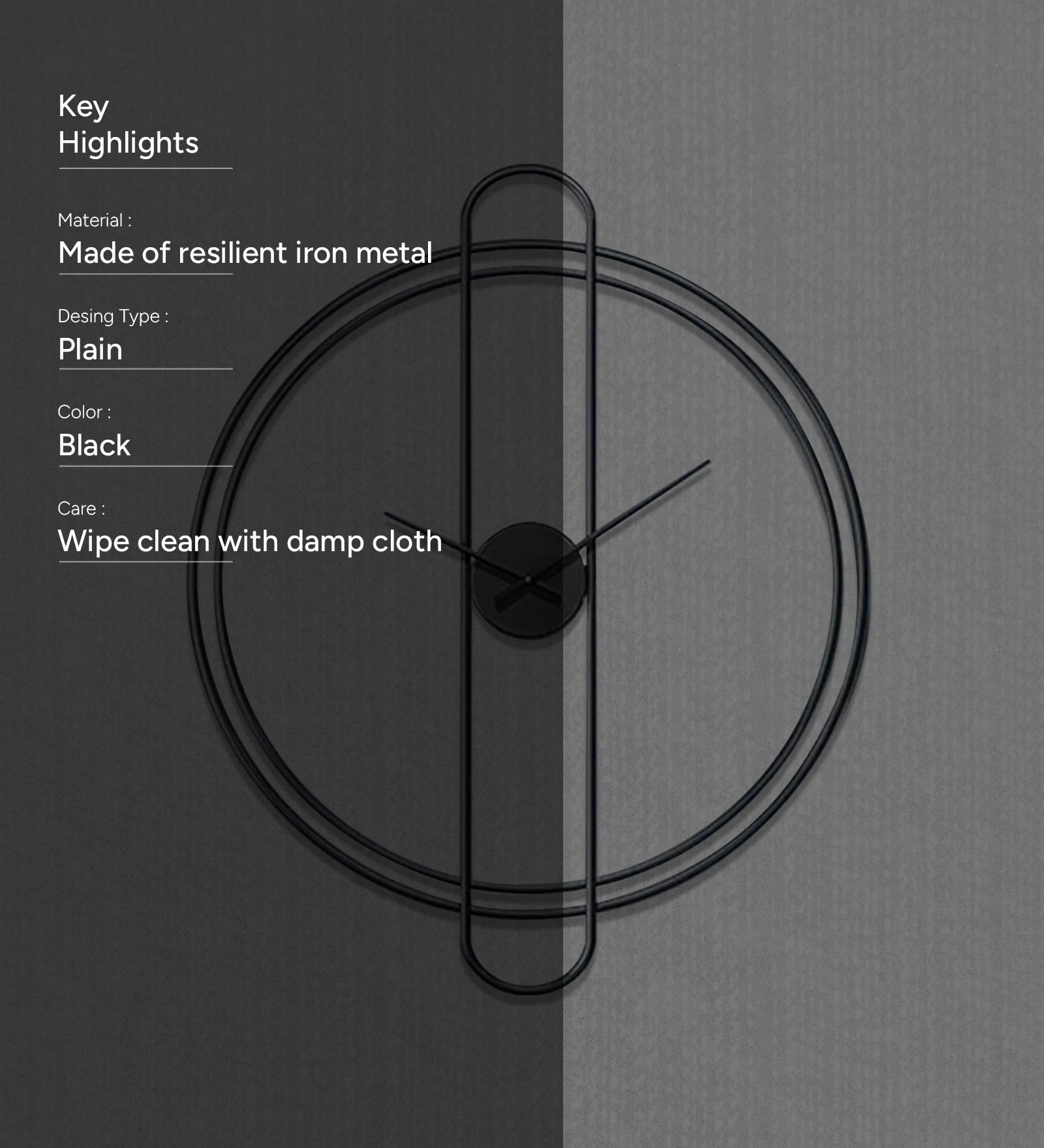 Black wall clock on a gray background with product details.