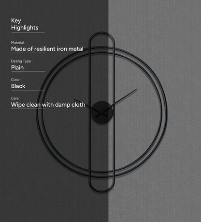 Black wall clock on a gray background with product details.