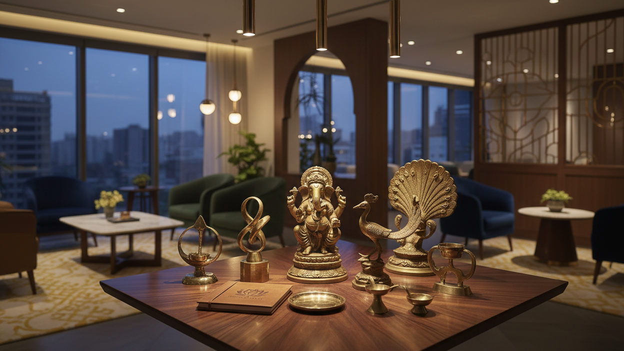 Decorative statues on a wooden table in a modern living room with cityscape view