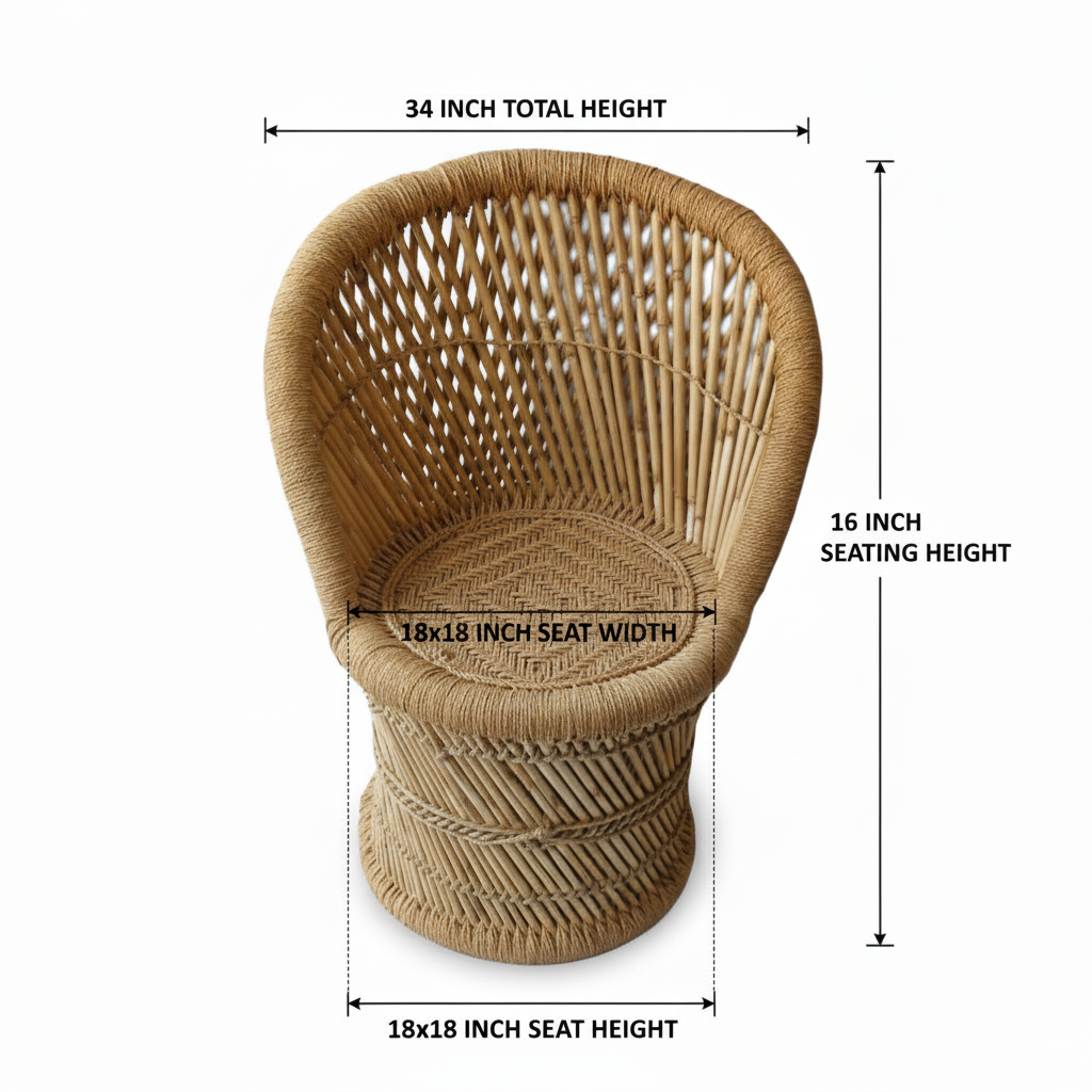 Wicker chair with dimensions labeled on a white background