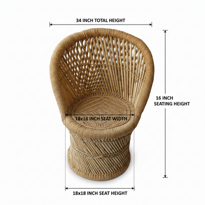 Wicker chair with dimensions labeled on a white background