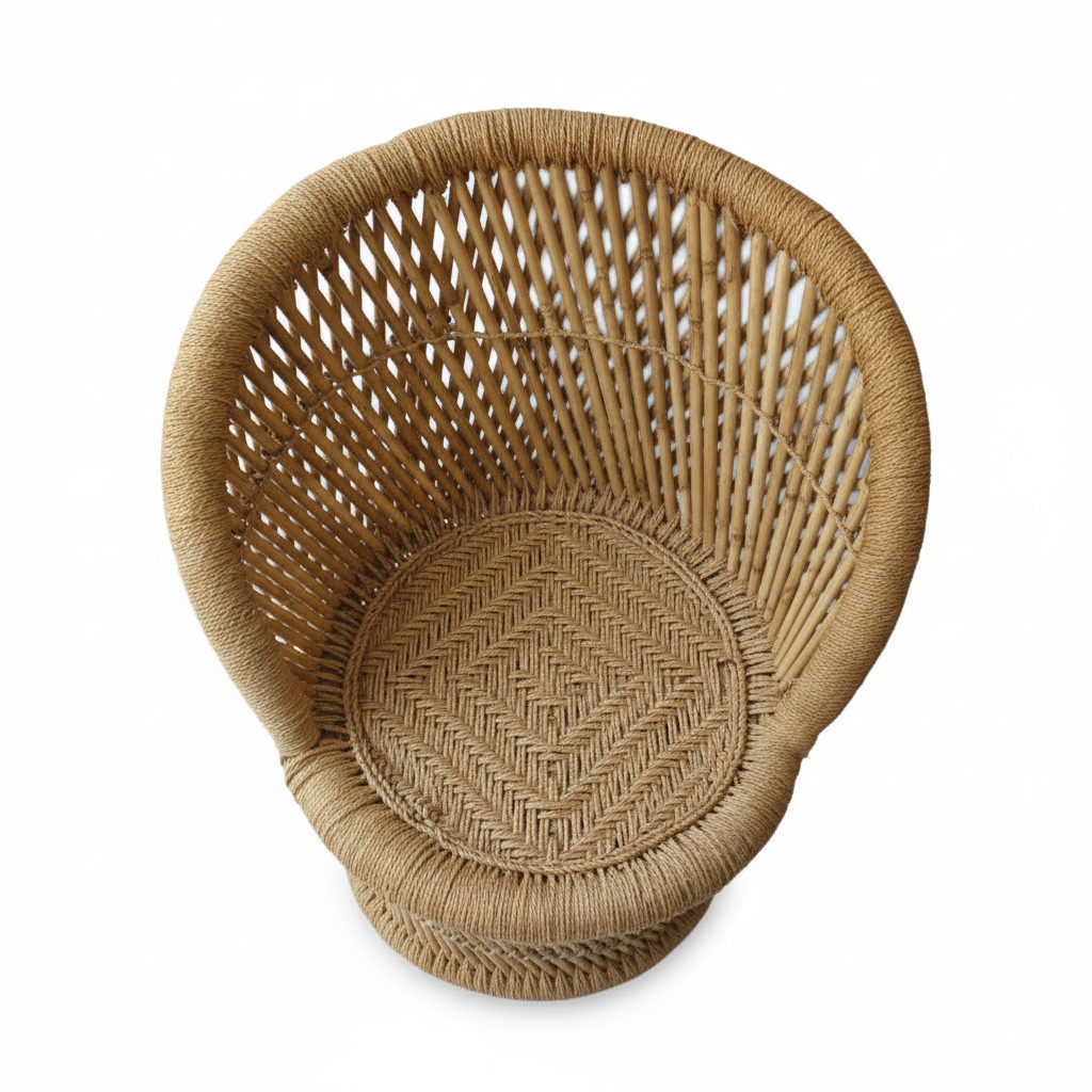 Woven chair with a circular cushion on a white background