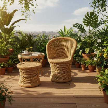Wicker chair and ottoman on a wooden deck with plants in the background
