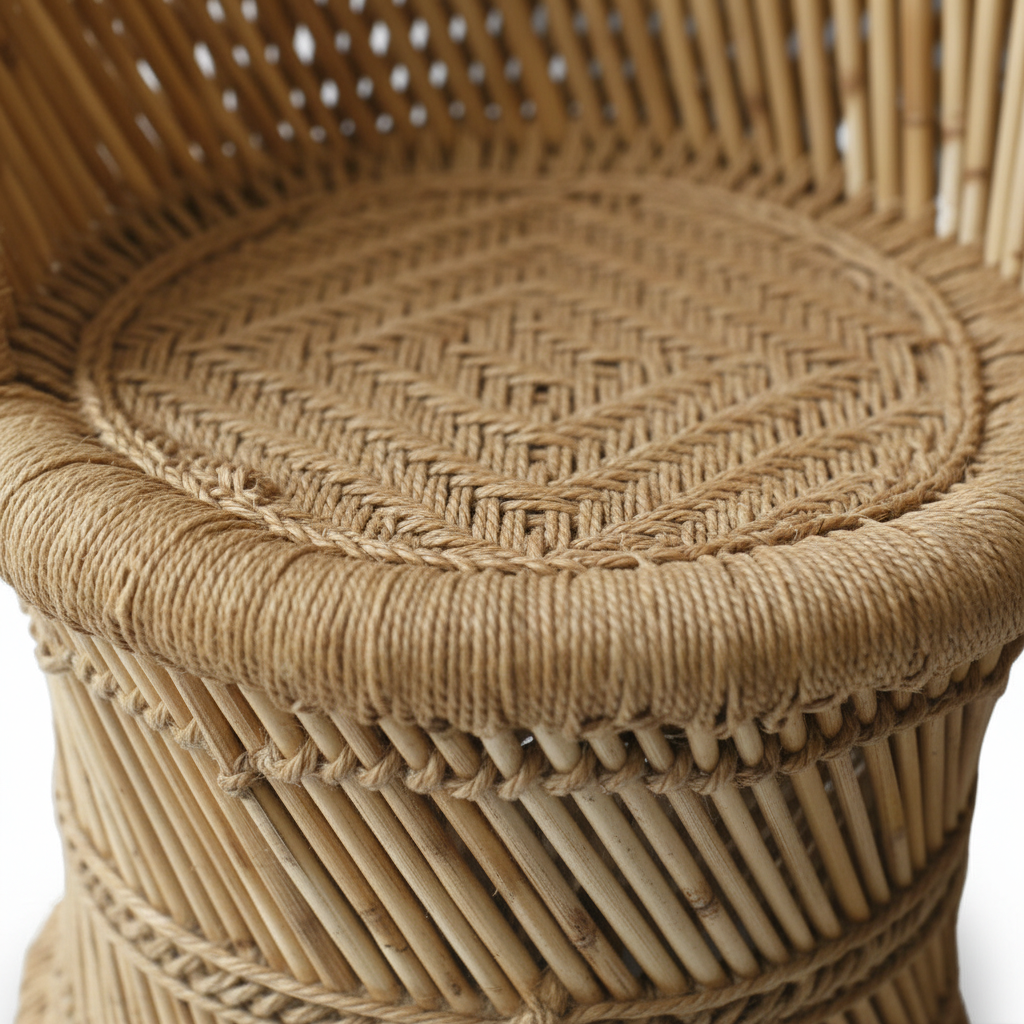 Close-up of a woven rattan chair seat on a white background