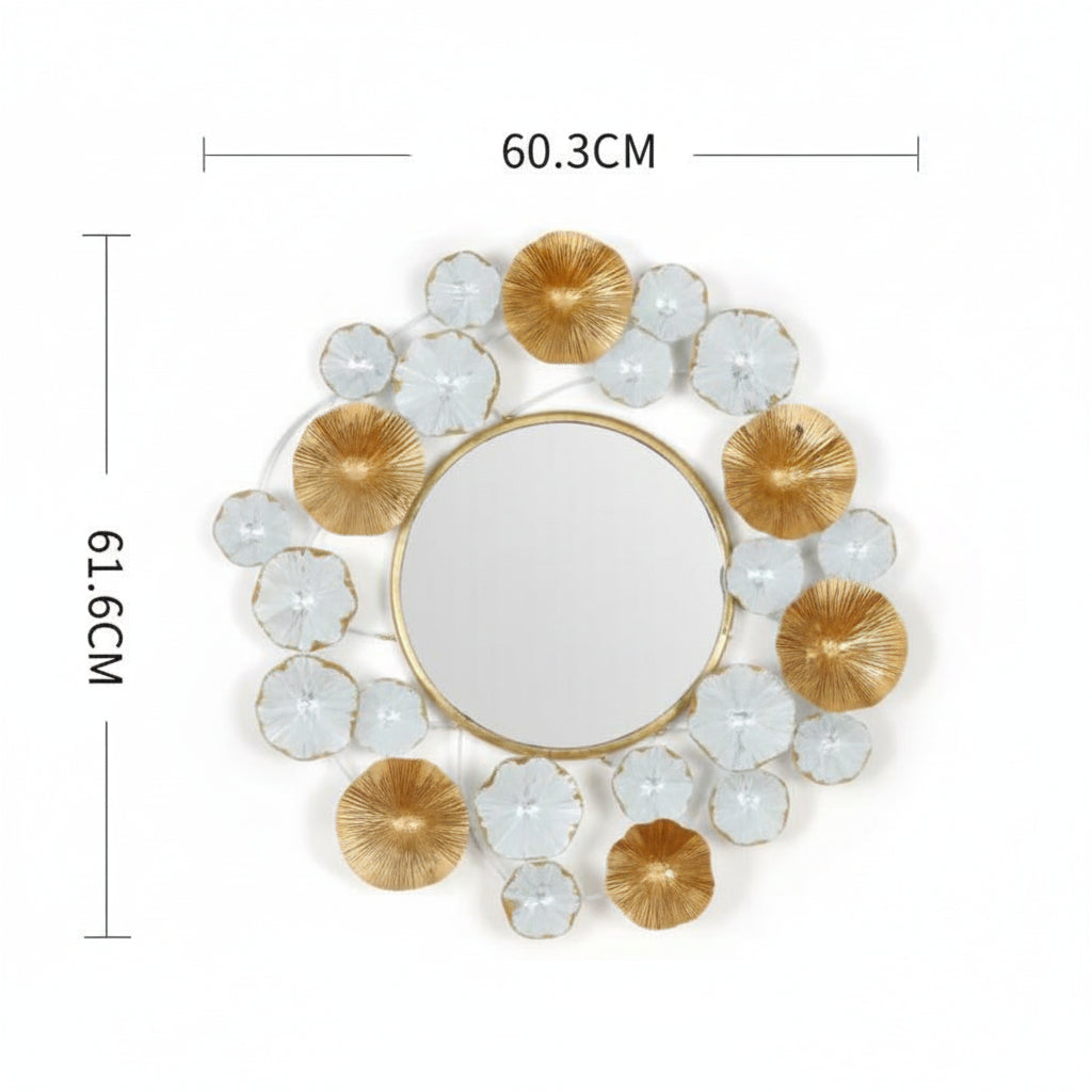 Decorative round mirror with gold and white floral design, shown with measurements on a white background.