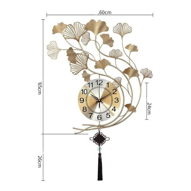 Ginkgo Leaf Metal Wall Clock Decorative Wall Hanging - Brass Decors
