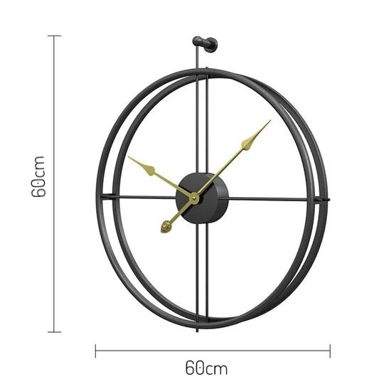 Wall clock with black metal frame and gold hands, shown with dimensions on a white background.