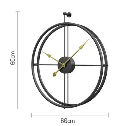 Wall clock with black metal frame and gold hands, shown with dimensions on a white background.