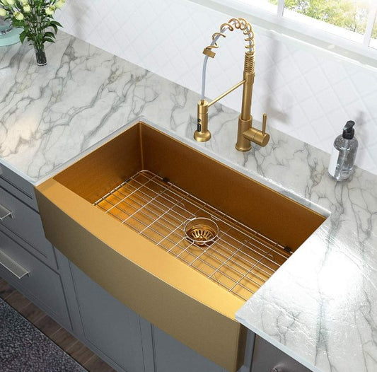 Atlas Double Bowl Farmhouse Sink – Curved Apron, Matte Gold