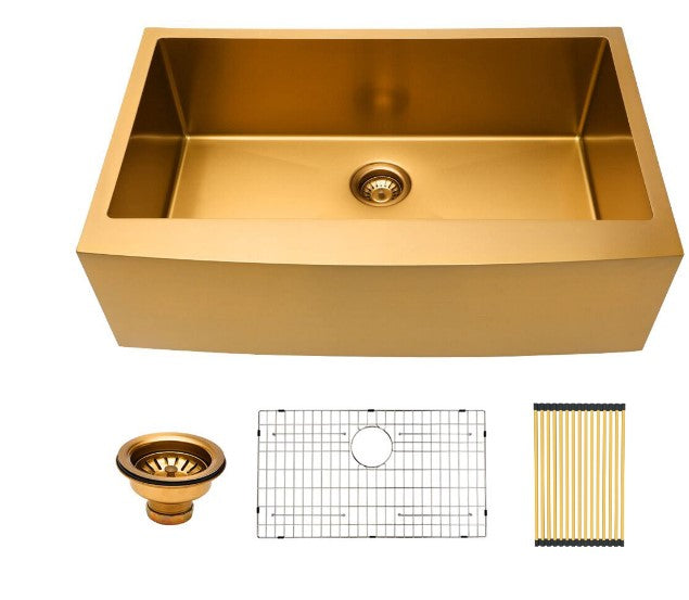 Atlas Double Bowl Farmhouse Sink – Curved Apron, Matte Gold