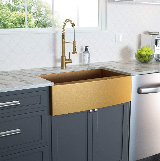 Atlas Double Bowl Farmhouse Sink – Curved Apron, Matte Gold