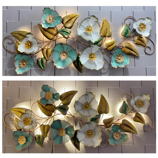 Decorative wall art with floral designs on a tiled wall.