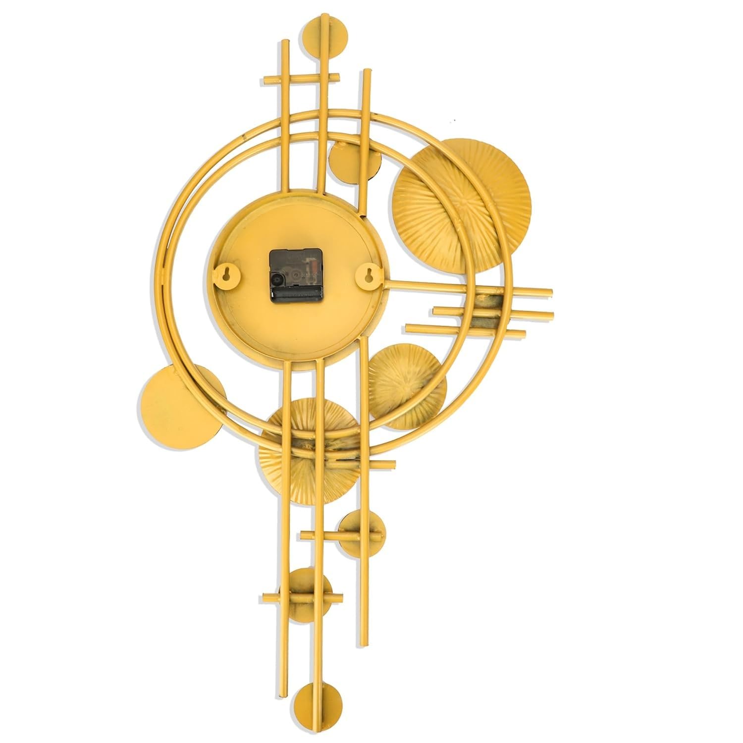 Decorative yellow wall clock with geometric design on a white background