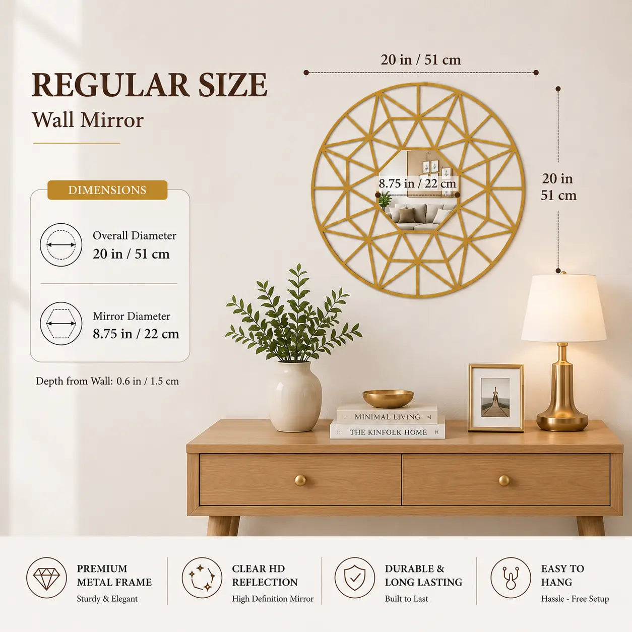 Decorative Wooden Vanity Wall Mirror with Golden Finish Frame Brass Decors
