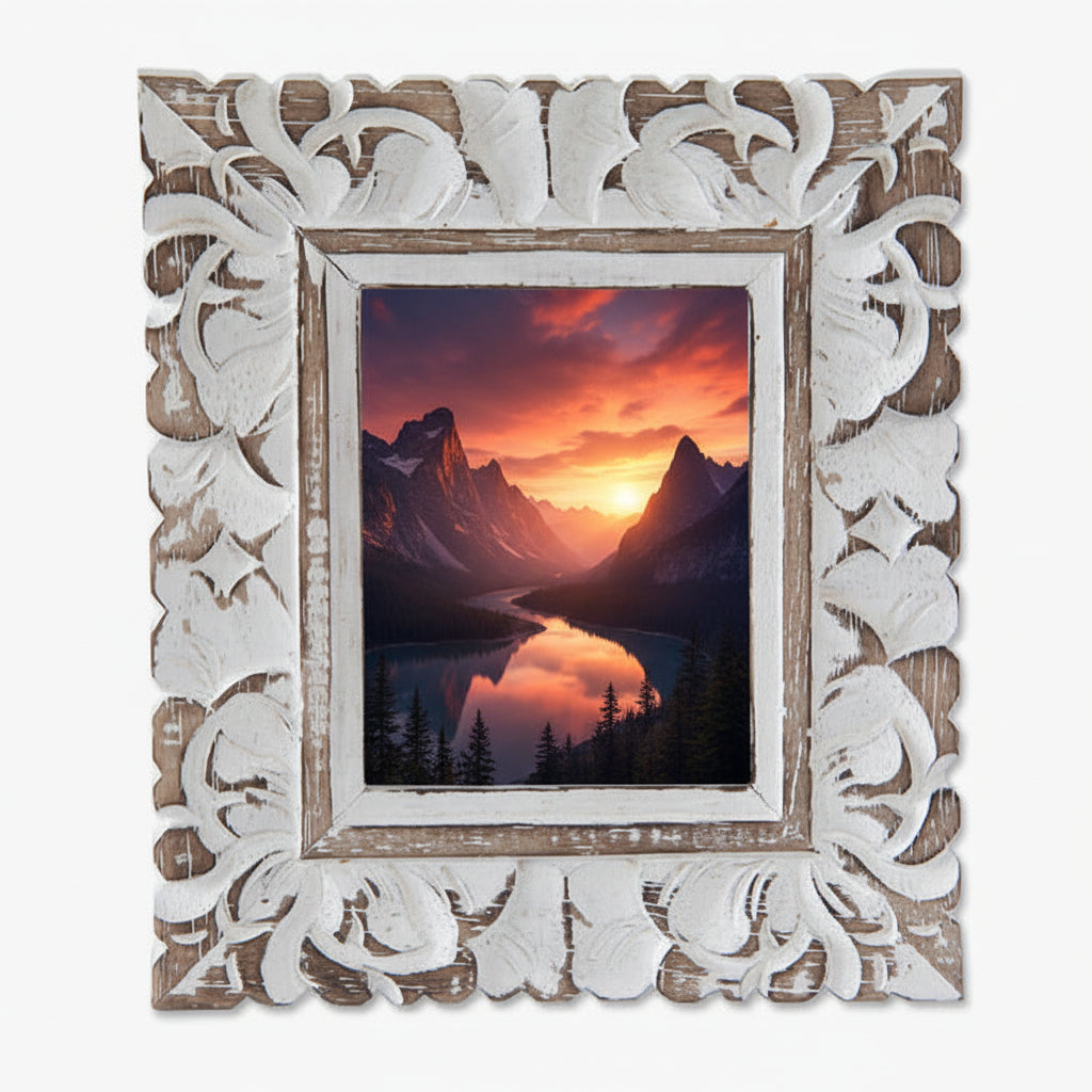 Decorative photo frame with a sunset beach scene inside on a white background