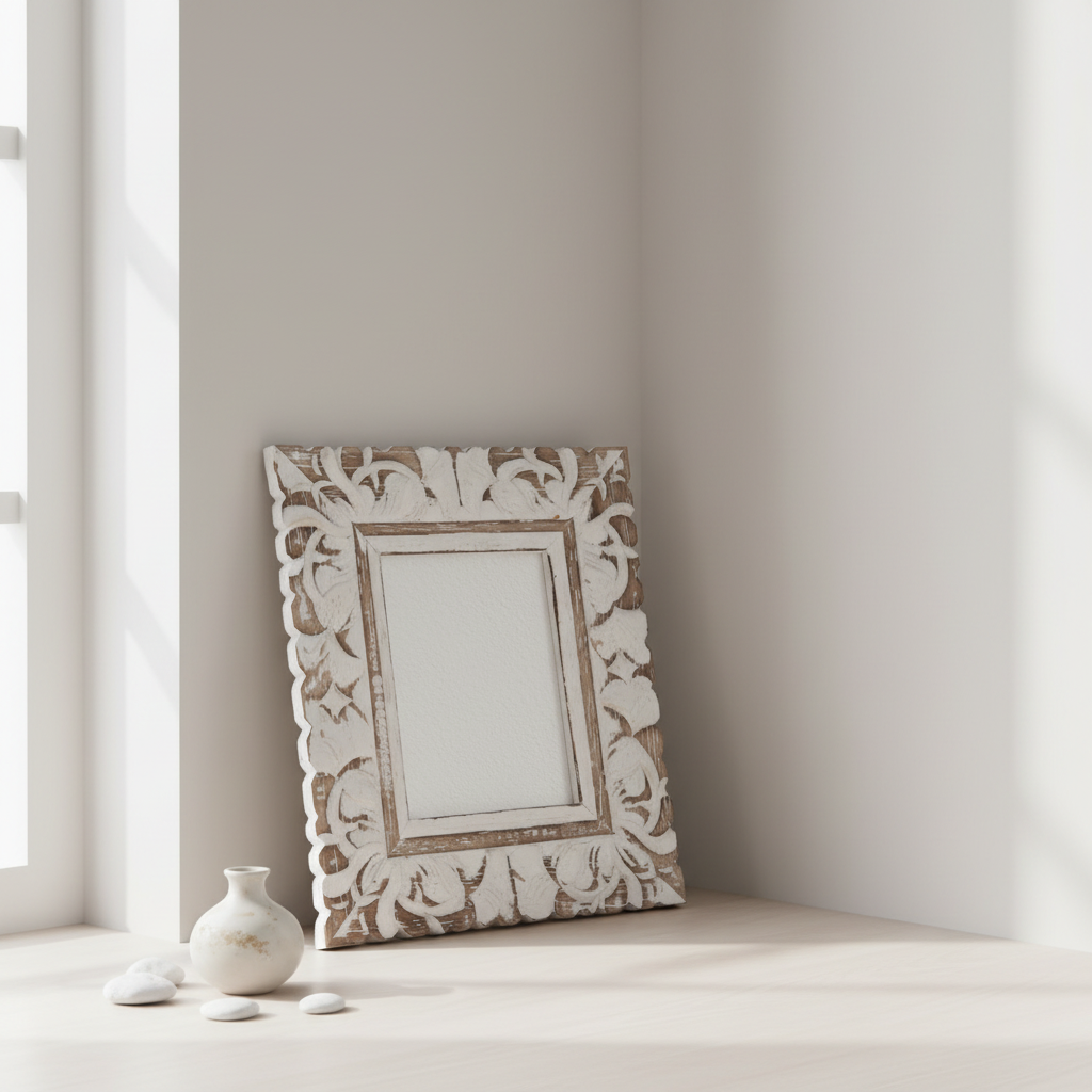 Decorative photo frame with intricate patterns on a light surface near a window.